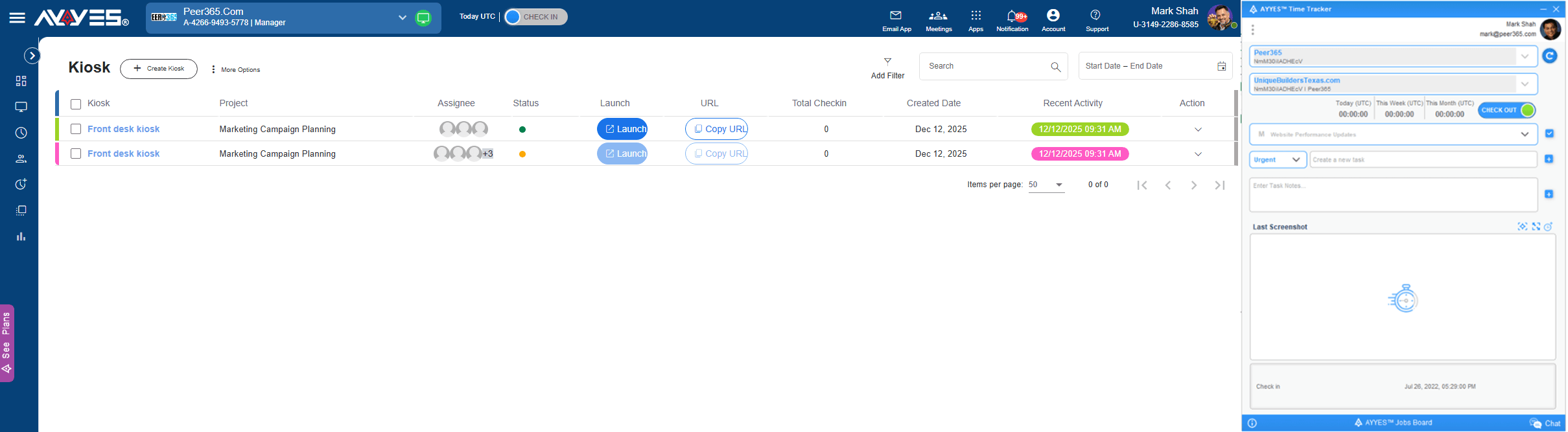 AYYES desktop time tracker and kiosk tracking screen
