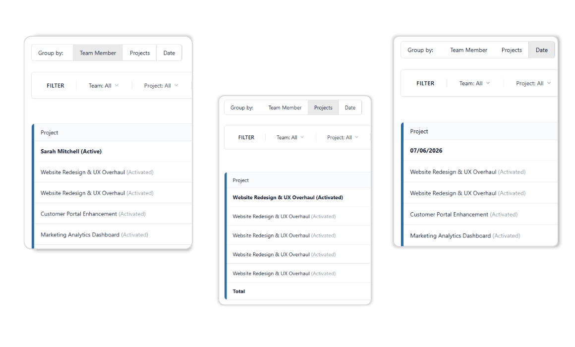 timesheet group by team, project, date