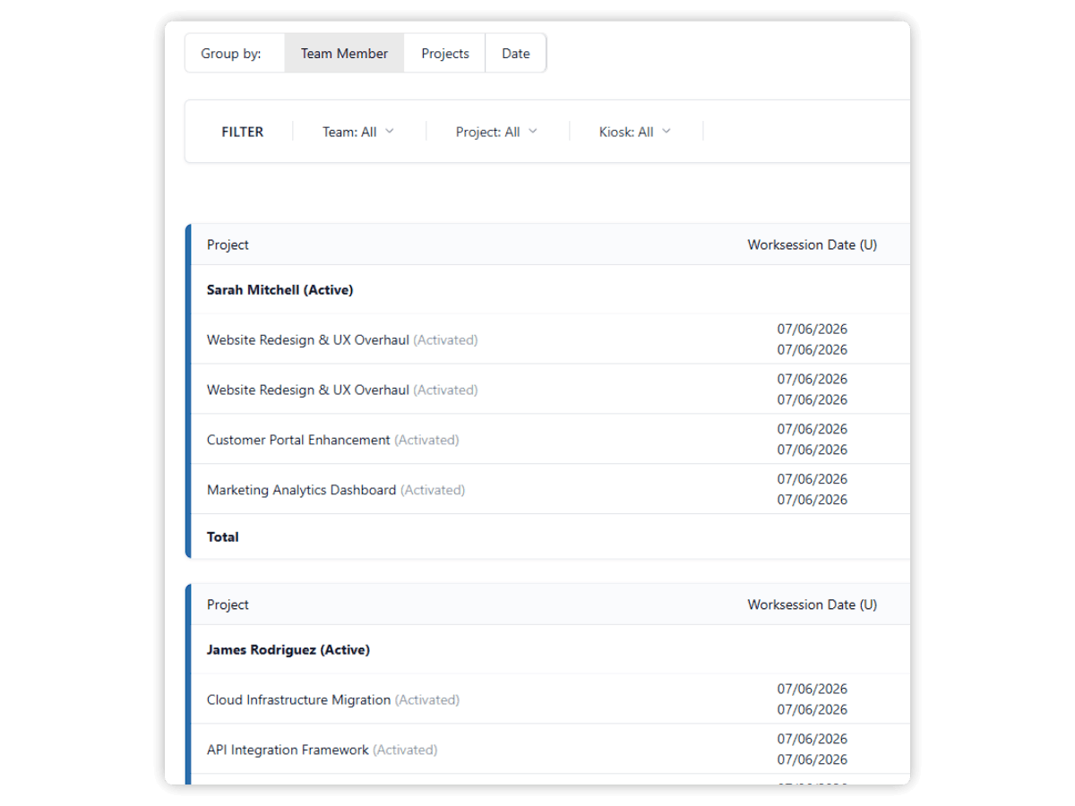group timesheet by team members