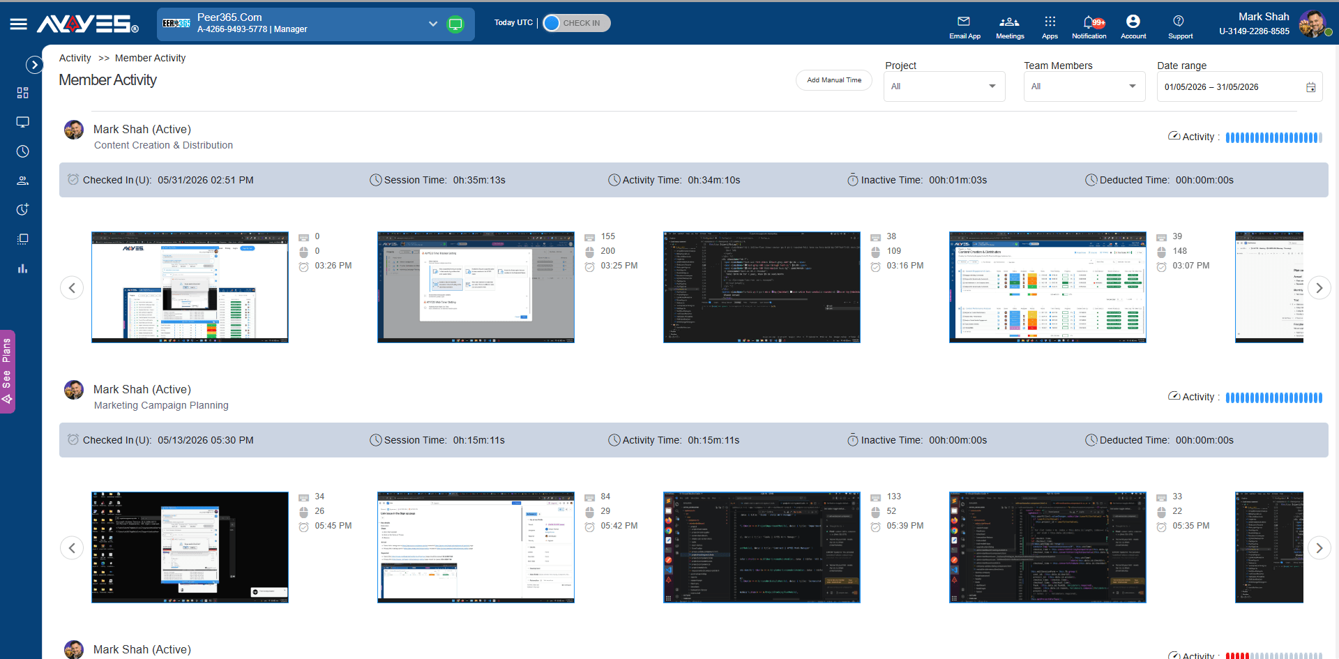 member and employee tracked time session screenshot