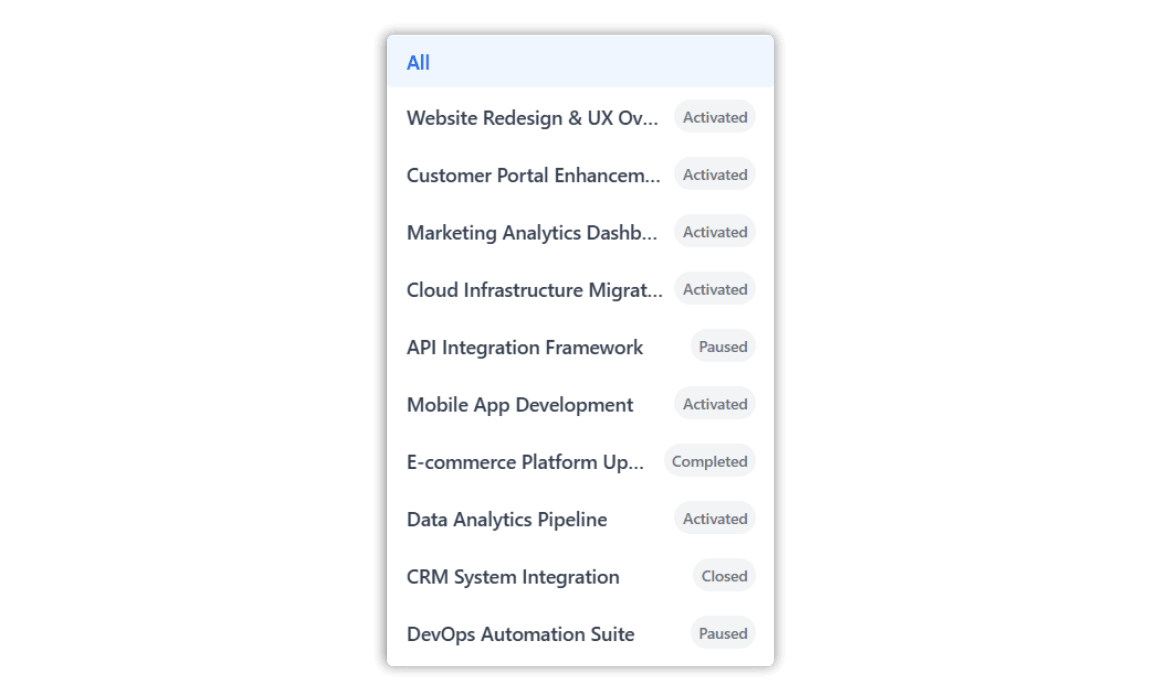project menu in timesheet page