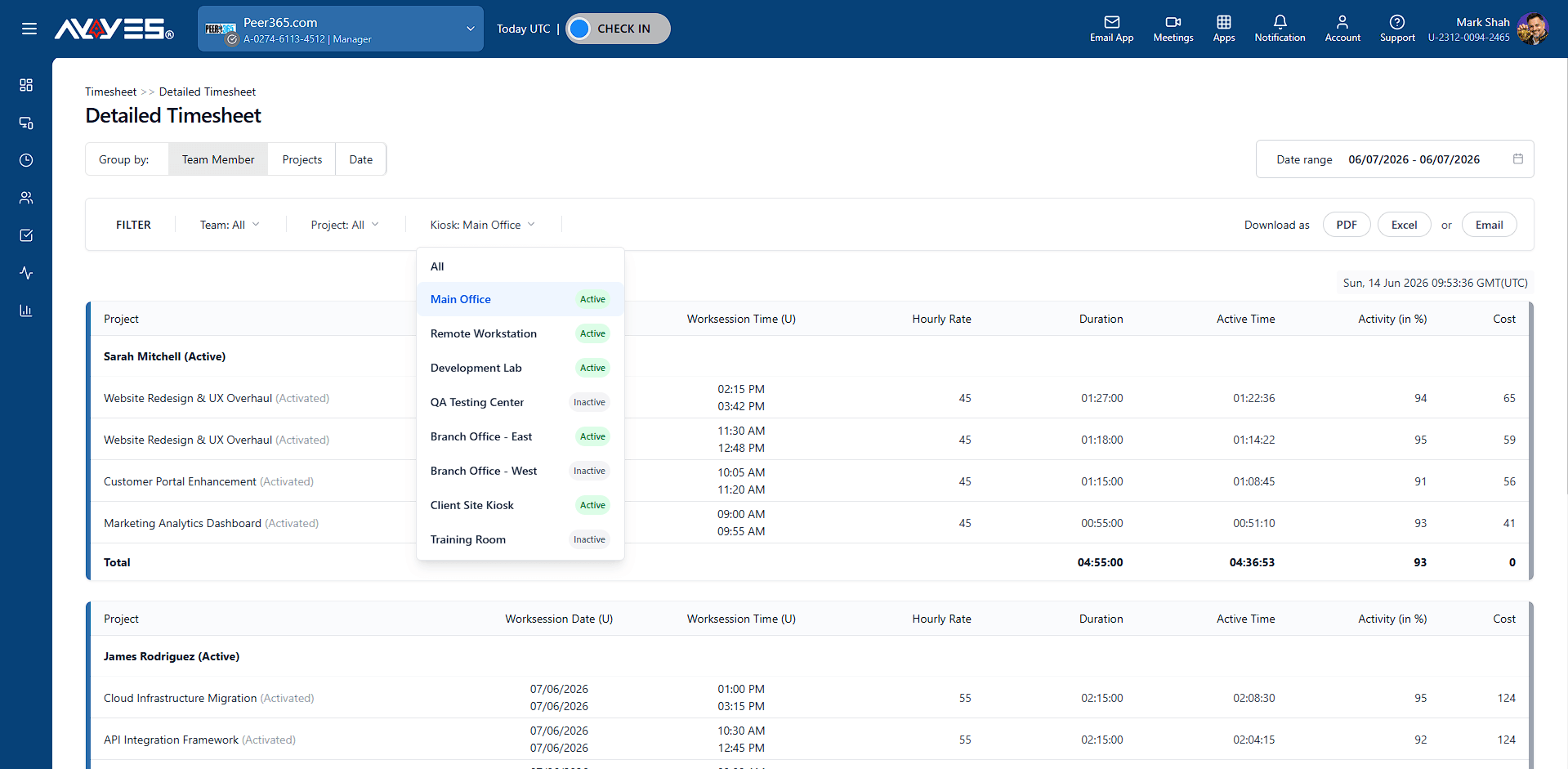 timesheet kiosk filter