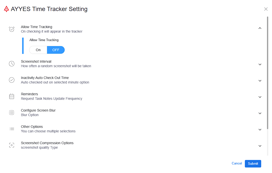 AYYES time tracker settings