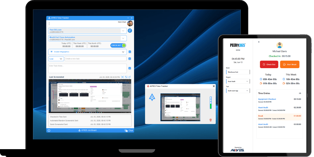 AYYES time tracker desktop app, kiosk
