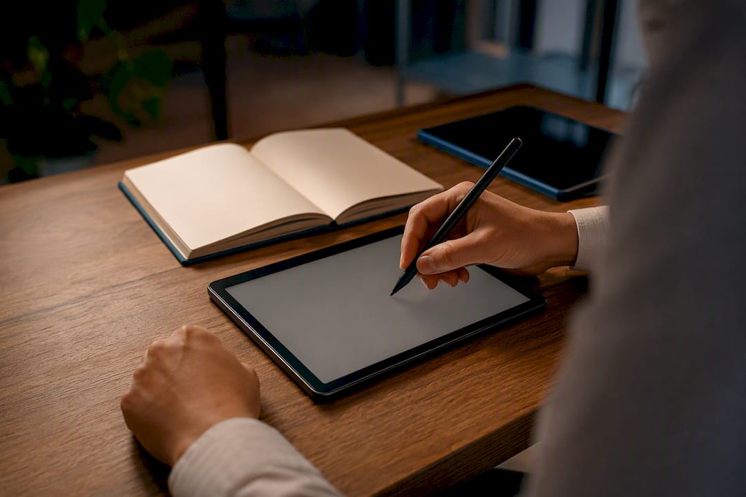 Hands poised to log timesheet correction with stylus