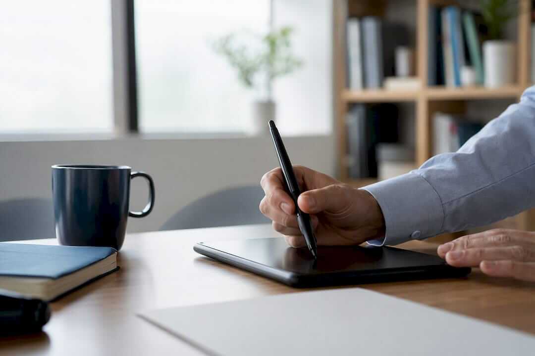 Hand entering data on tablet in office
