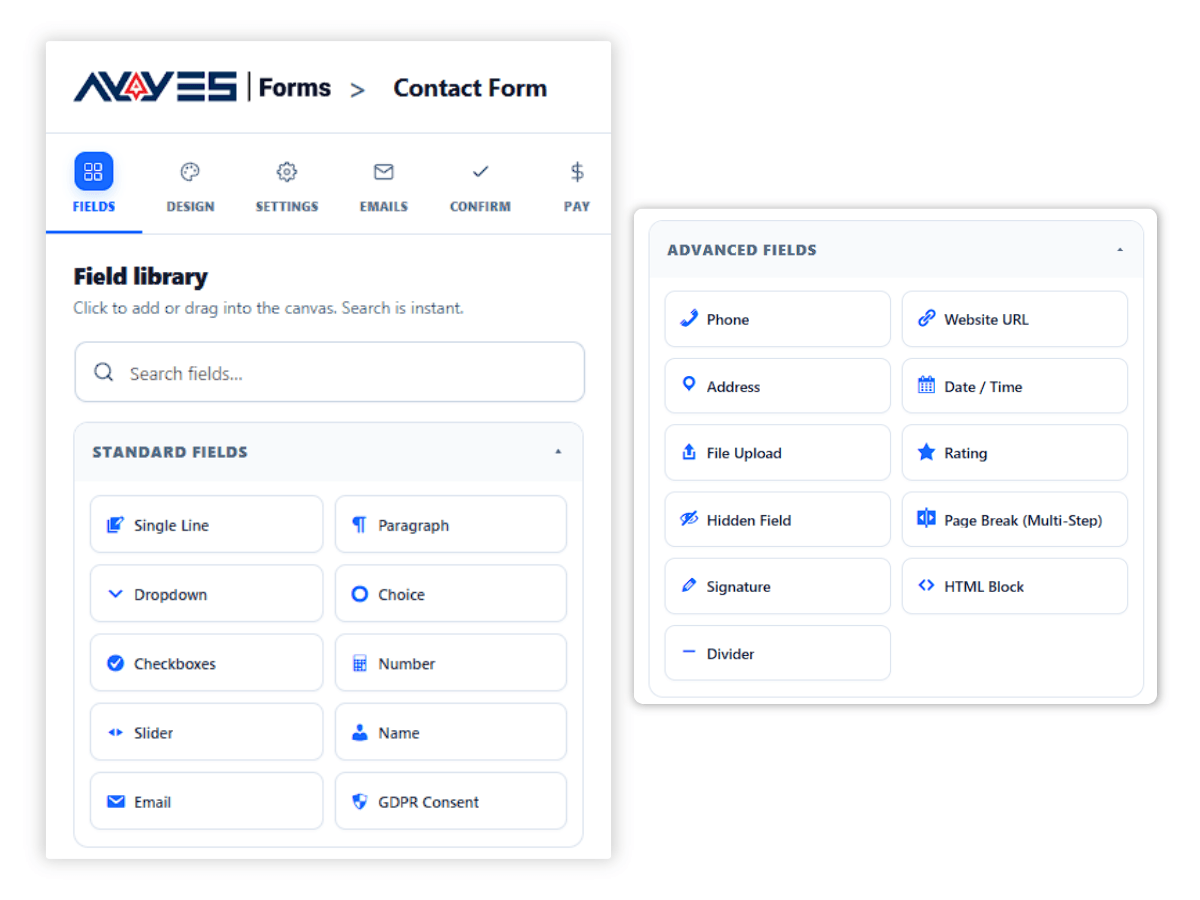 AYYES forms fields in the editor