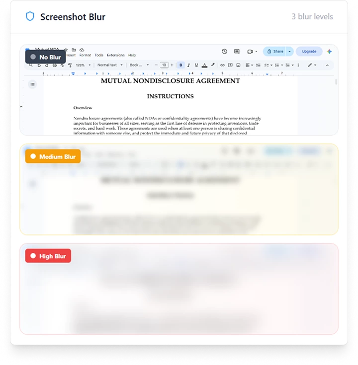Screenshot blur levels in the AYYES time tracker: the same captured screenshot shown with no blur, medium blur and high blur