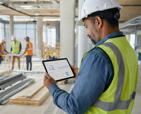 Contractor reviewing project hours and labor costs in time tracking software on a construction site