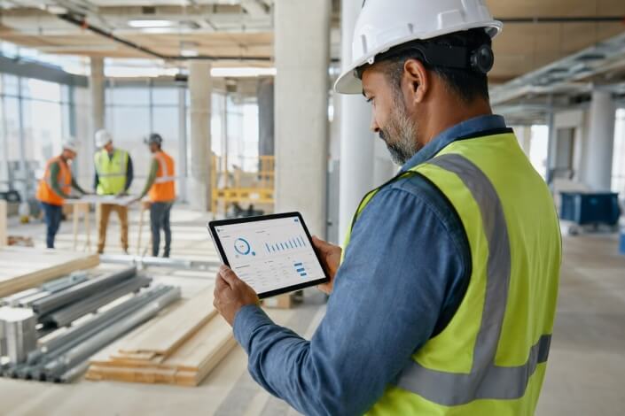Contractor reviewing project hours and labor costs in time tracking software on a construction site