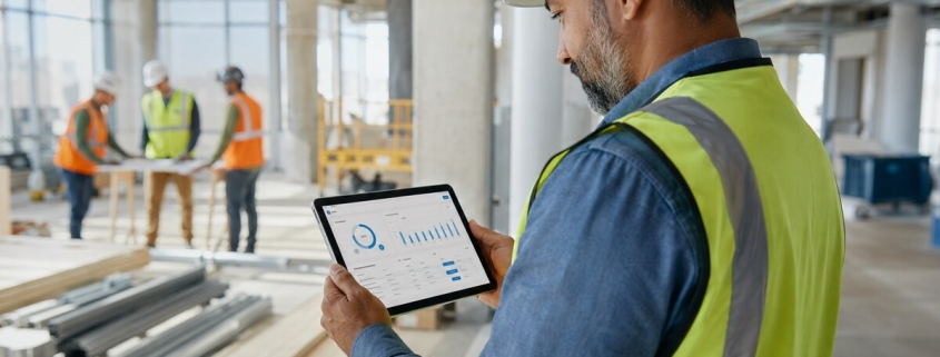 Contractor reviewing project hours and labor costs in time tracking software on a construction site