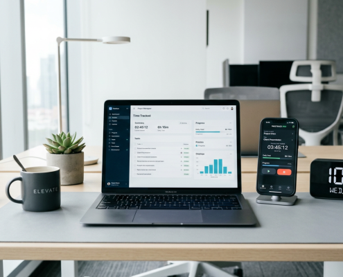 Best time tracker software for teams and freelancers displayed on a laptop and phone