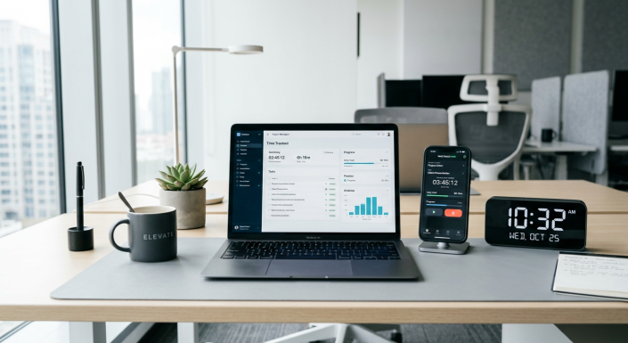 Best time tracker software for teams and freelancers displayed on a laptop and phone