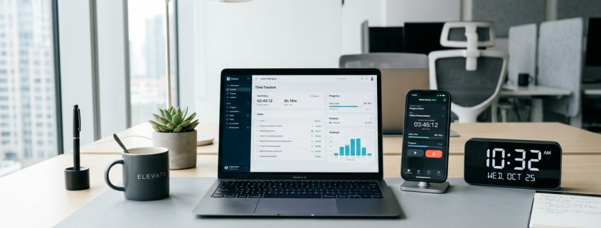 Best time tracker software for teams and freelancers displayed on a laptop and phone