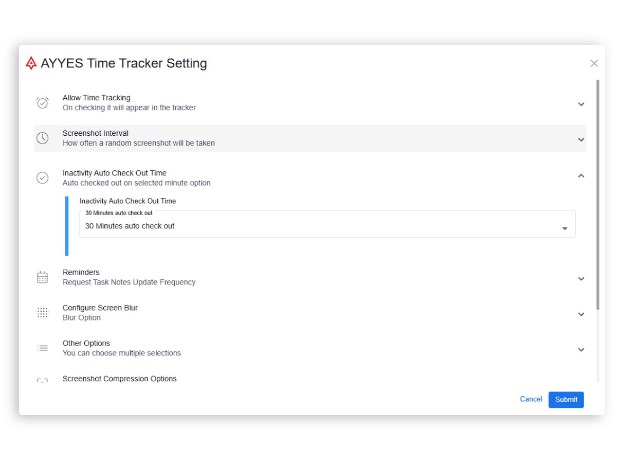 AYYES time tracker idle detection configuration