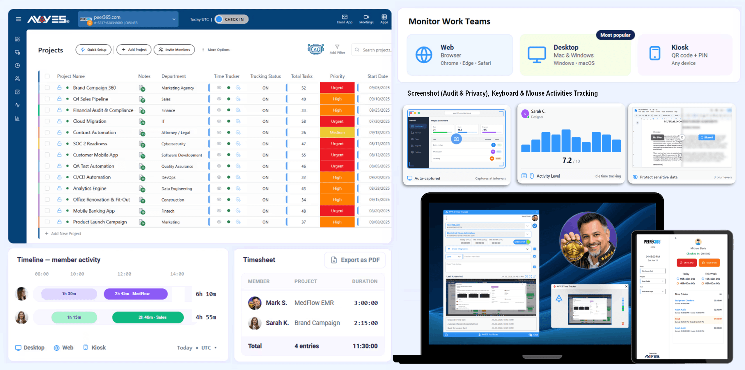 AYYES Work Manager - Solutions AYYES Time Tracker Kiosk AI Agents AYYES Coin